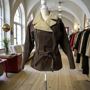 WINLIT Brown Leather Moto Jacket Faux Shearling Lined Belted Coat M
